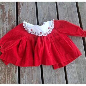 Vintage Infant Toddler Girl Red Velvet & Lace Christmas Holiday Dress 12 Mo J7